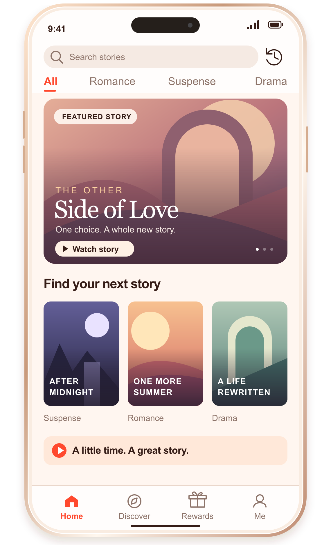 App home design preview with search, genre tabs and fictional illustrated story covers